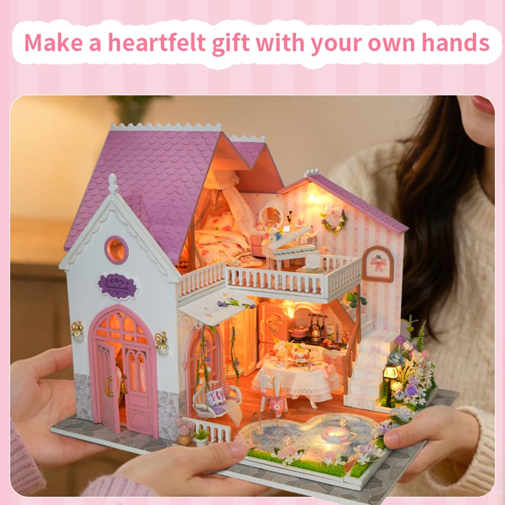 Topbsbfar, kit fai da te per casa delle bambole in miniatura, modello di villa europea con luce a LED, idea regalo per casa artigianale in legno