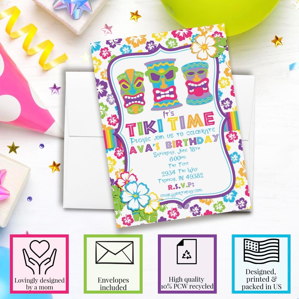 Custom Birthday Invitations Tiki Time Birthday Invites for Girls Pack of 20 5x7 Custom Tiki Luau Party Invitation Cards With Envelopes - Unique Tropical Luau Party Invites