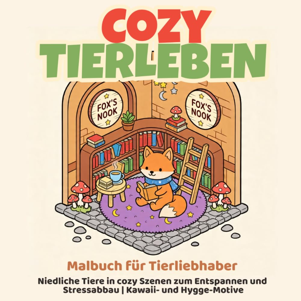 Cozy Tierleben - Malbuch für Tierliebhaber | Niedliche Tiere in cozy Szenen zum Entspannen und Stressabbau | Kawaii- und Hyggee-Motive