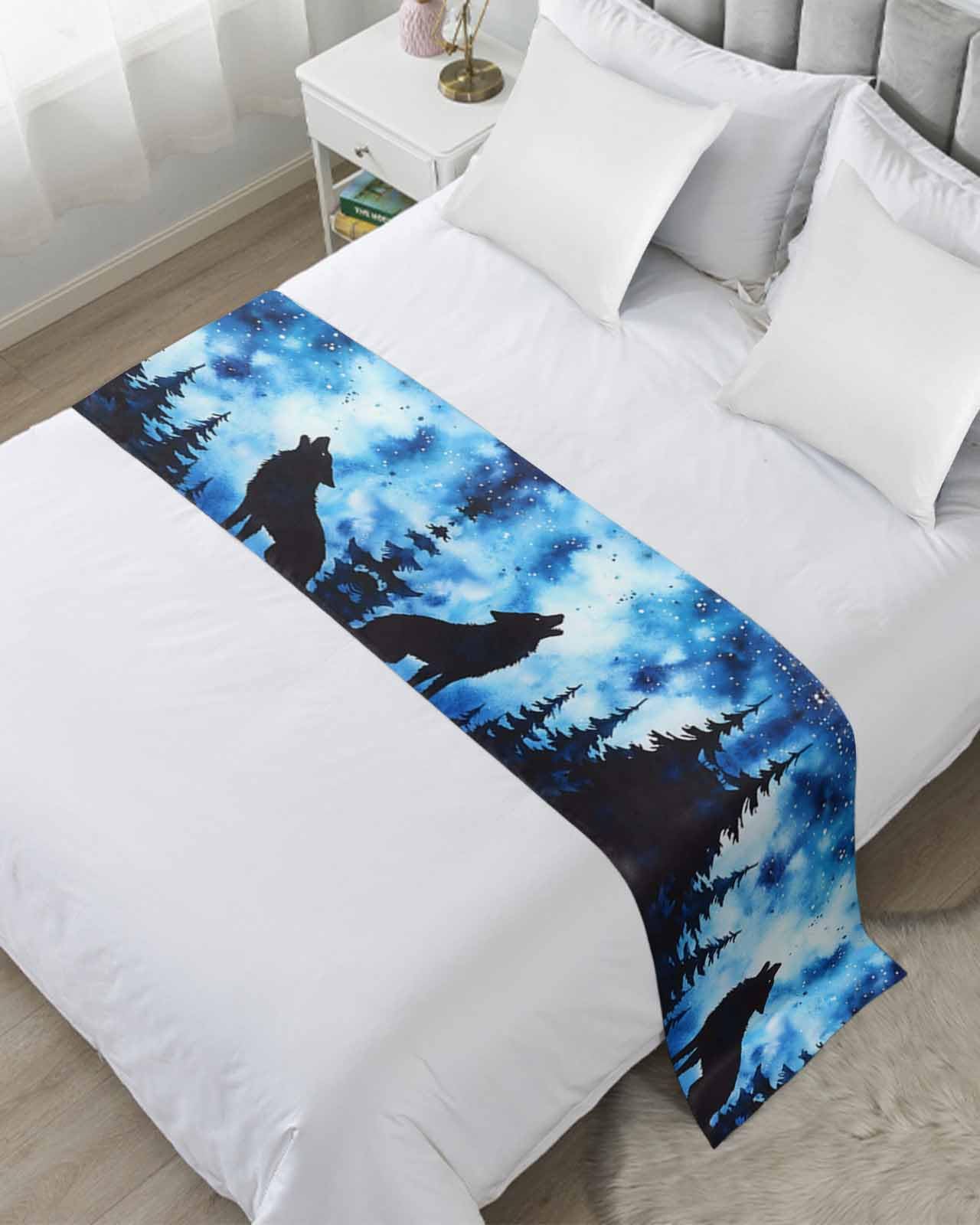 Wolf Black Silhouette Bed Runner for Twin Size, Forest Starry Night Bedspread Protector Slipcover Bed Scarf for Foot Runners & Scarves for Bedroom Hotel Wedding Room 71x20 Inches