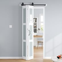 Bifold Barn Door 36x84 Inch Double 18x84, White Frosted Glass Bifolding Doors with 40" Hardware Kit Included, Closet Sliding Wood Panel Slab, Save Space, Simple DIY Assembly