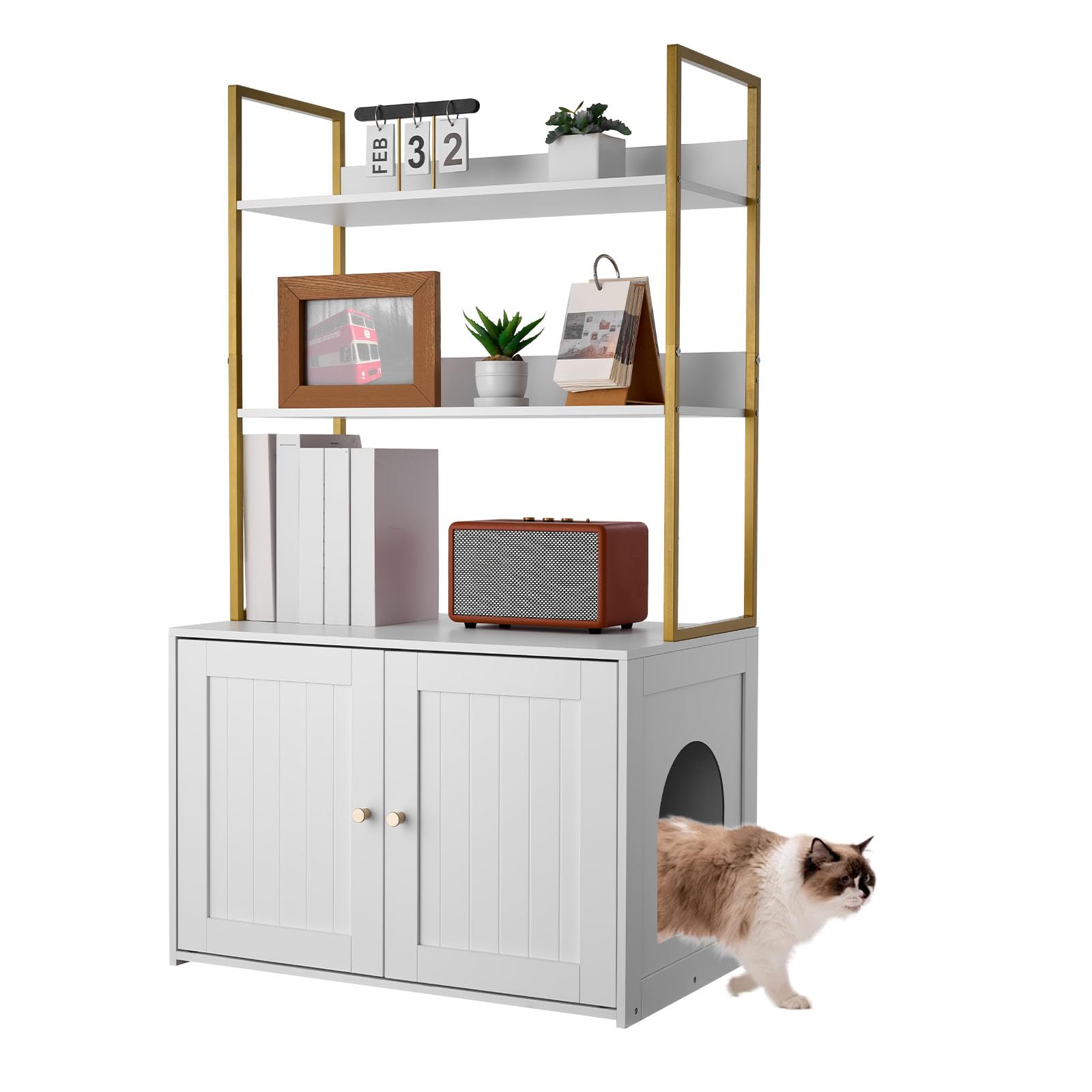 VEVOR Arenero para Gatos, 700 x 450 x 1245 mm, con Patas de Metal y Estantes de Almacenamiento de 2 Niveles, Caseta para Gatos, Compatible con la Mayoría de Areneros, Ideal para el Salón, Blanco