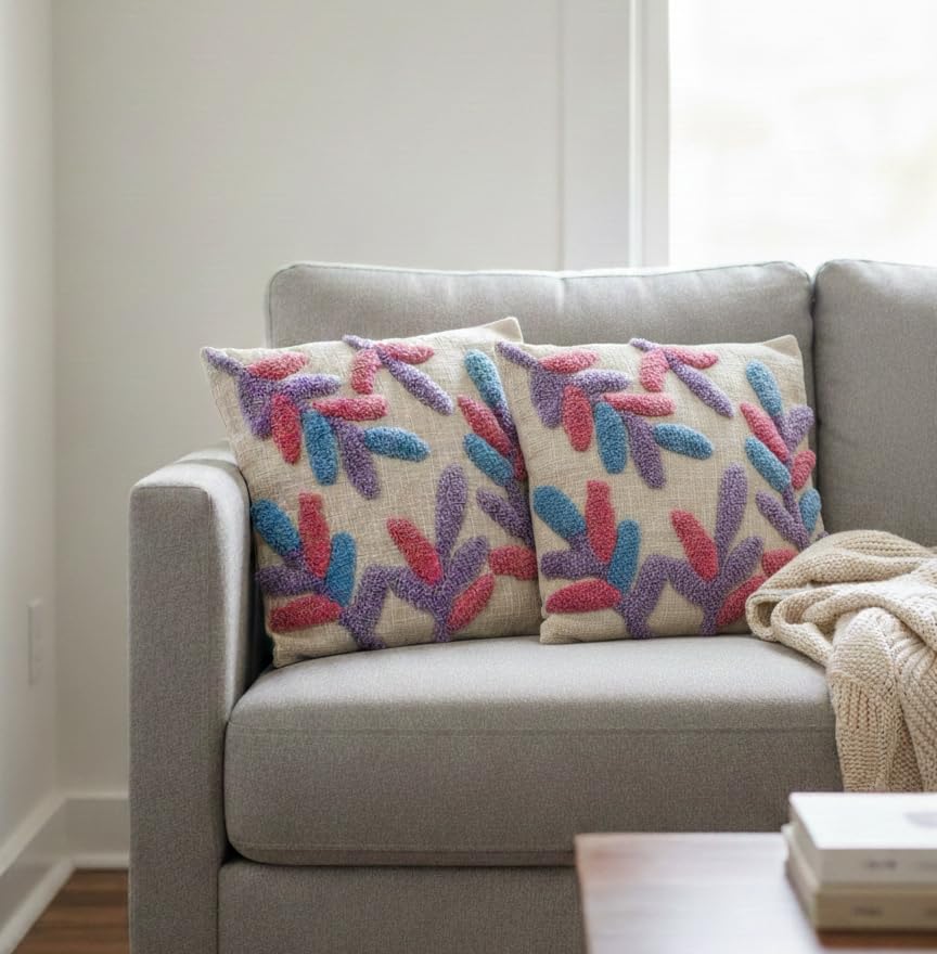 Image of Furnistitchs Premium Decorative Throw Cushion Pillow Cover Boho Home Decor - Living Room Bedroom Couch Sofa Cushion Covers 16 inch x 16 inch (1, Purple Leaves)