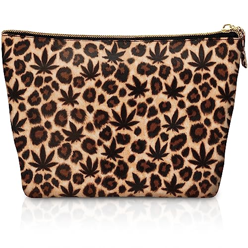 Vegan Leather Leopard Makeup Bag Weed Accessories Cute Girly Girl Things Christmas Gifts for Women Best Friend Birthday Stuff Sister Cosmetic Make Up Weed Gifts for Women Stoner Gift Cheetah Print