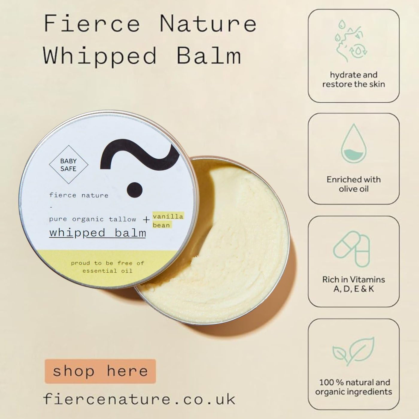 Fierce Nature - Balsamo alla vaniglia al sego biologico puro - 200g