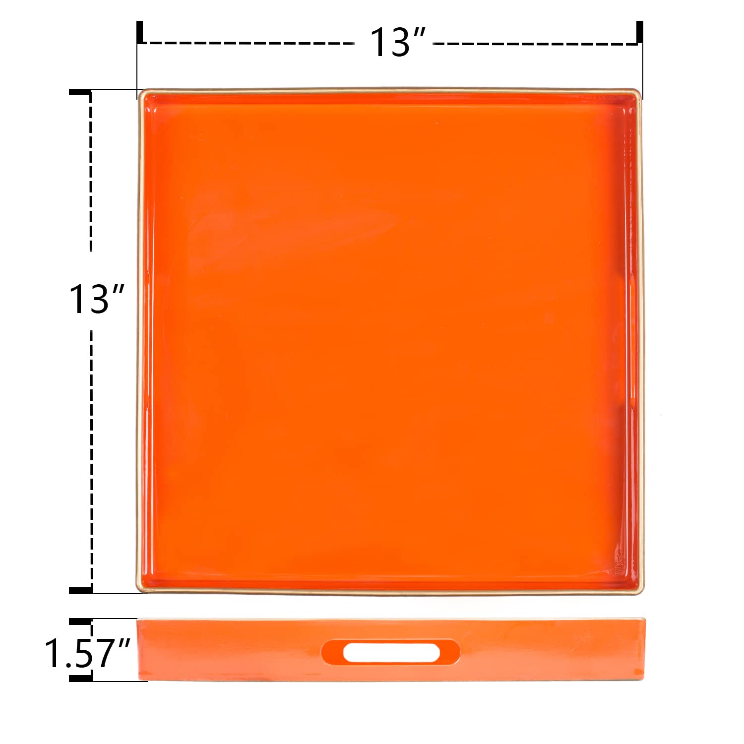 MAONAME Decorative Tray, Orange Serving Tray with Handles, Coffee Table Tray, Square Plastic Tray for Ottoman, Bathroom, Kitchen, 13"x13"x1.57"