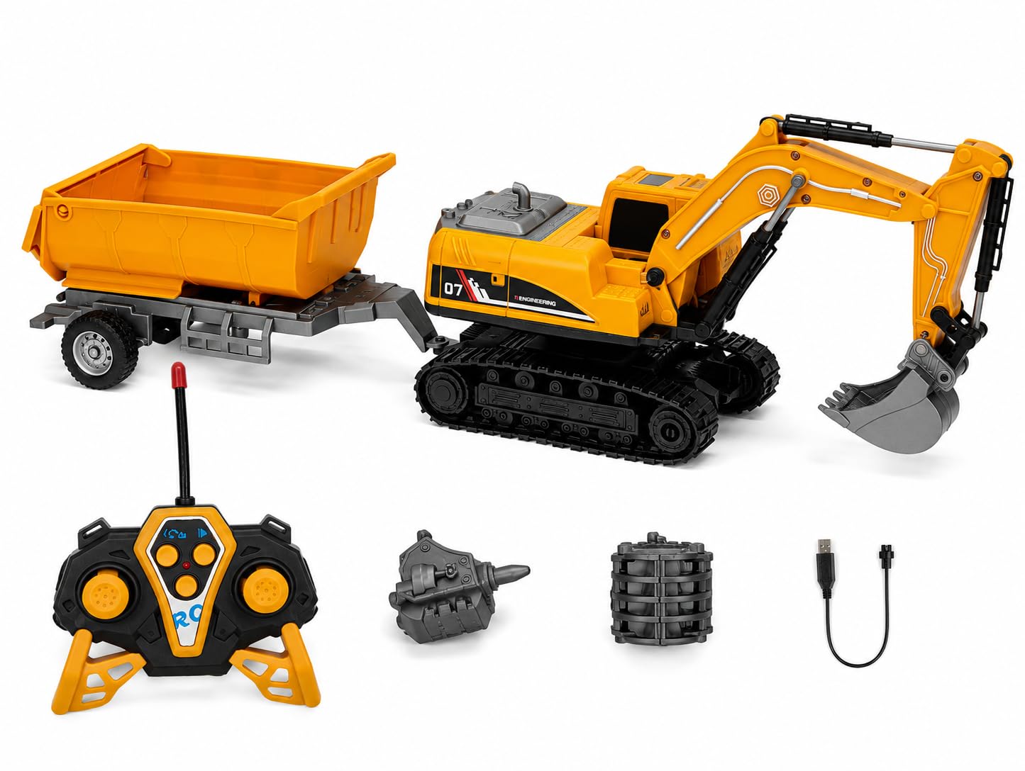 Remote Control Excavator Toy with Trailer, Rechargeable RC Construction Vehicle, 360° Rotating Digger, USB Charging, STEM Toy for Boys & Girls 3+ Years-image-48