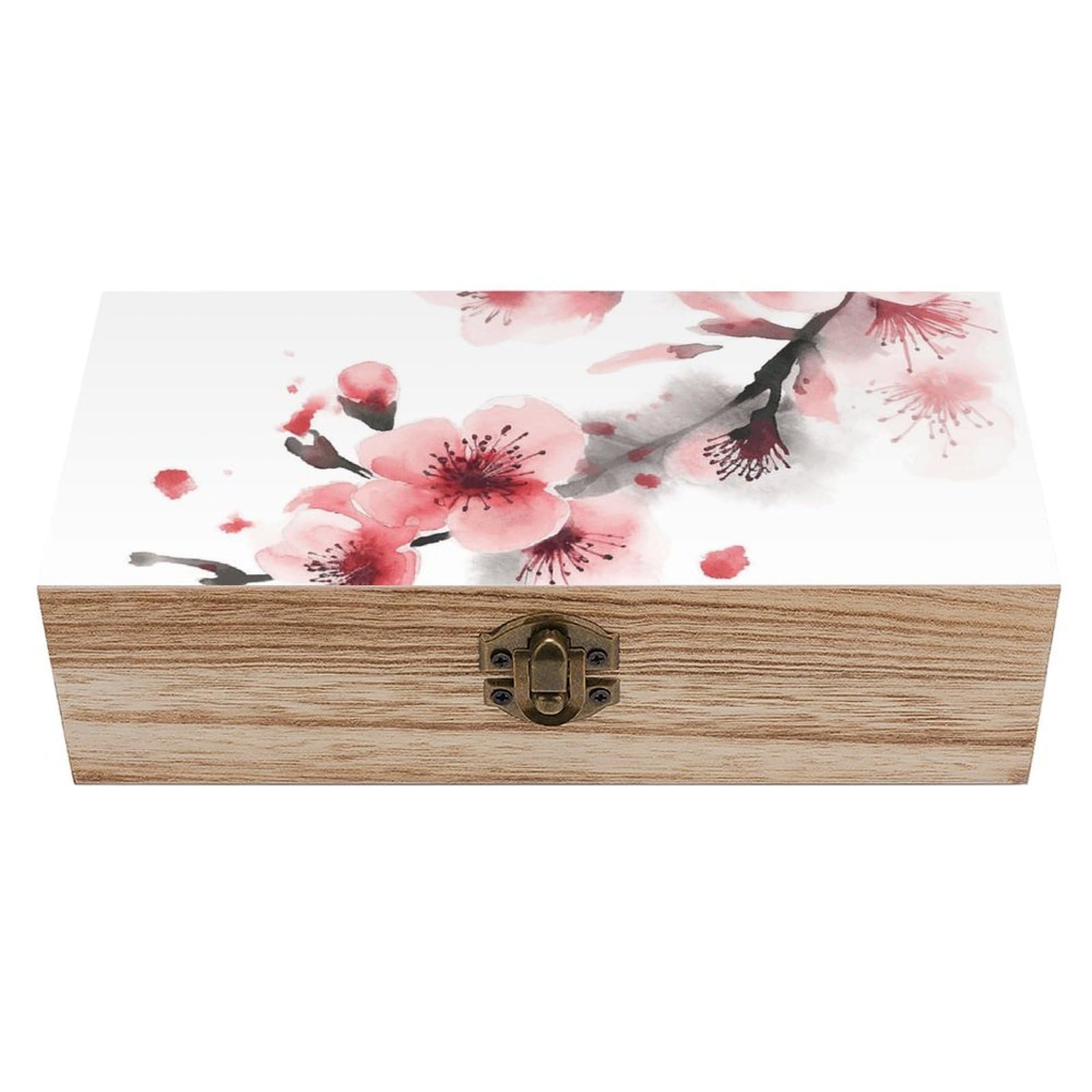 Asian Watercolor Pink Cherry Florals Wooden Storage Box Exquisite Durable Wood Gift Case Sturdy Vintage Jewelry Wooden Chest for Art Hobbies Storage Keepsake Gift