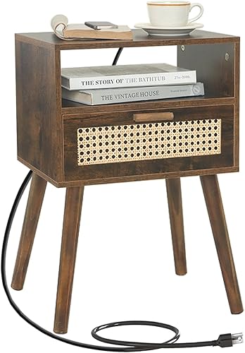 Miniatura 1 de MaxSmeo Mesita de noche pequeña con estación de carga, mesa auxiliar de ratán moderna de mediados de siglo para dormitorio, sala de estar y espacios