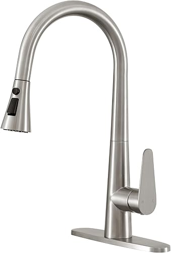 PUSU Grifo de cocina de níquel cepillado de 18 pulgadas de alto con rociador extraíble, grifo de fregadero de cocina de níquel de una sola manija