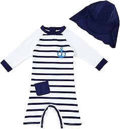 upandfast Maillot de Bain Une pièce avec Fermetures éclair pour bébé garçons Maillot de Bain pour bébé Protection Solaire UPF 50+ avec Chapeau de Soleil