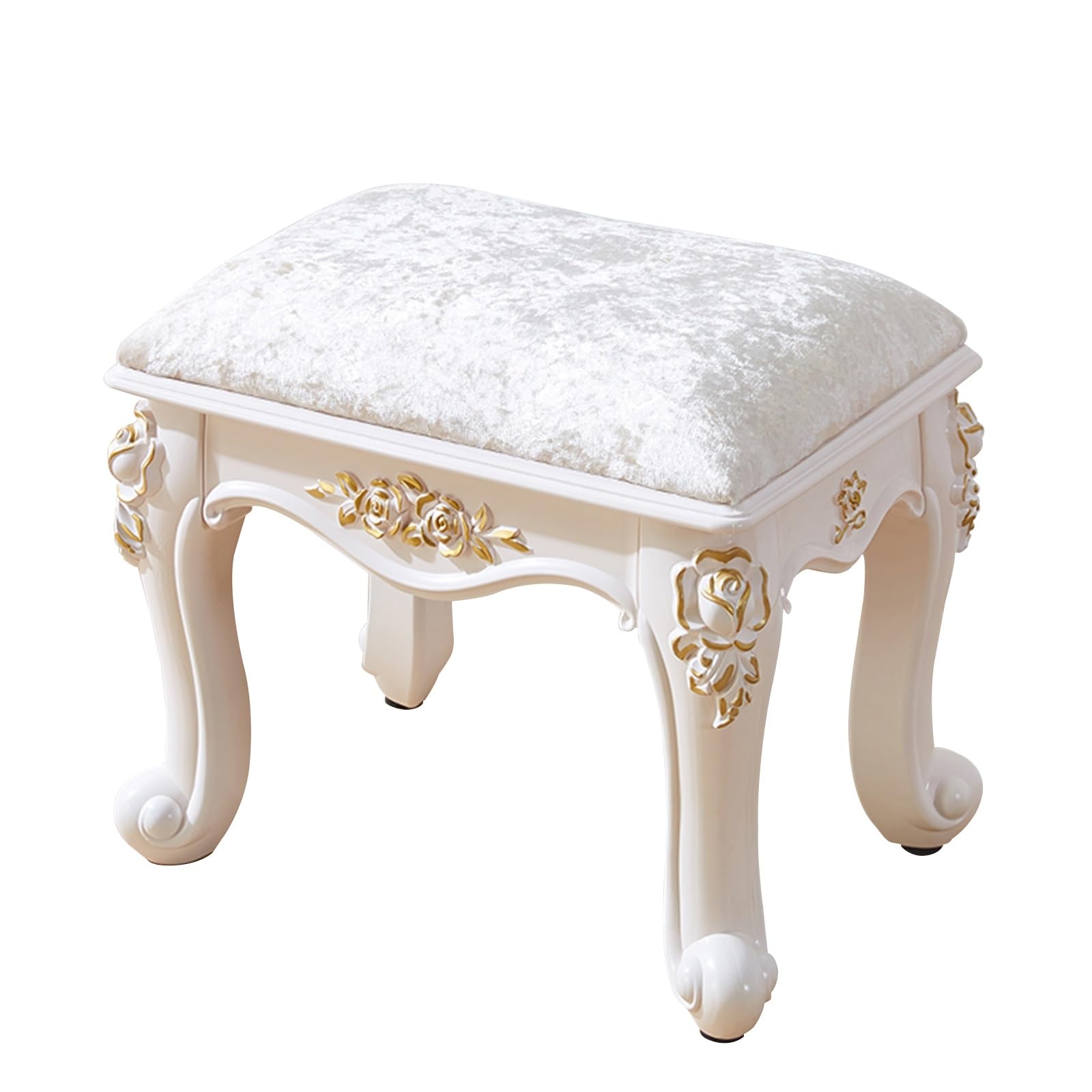 JINGJIAOPLSD Vintage Ottoman Low Stool Upholstered Footstool Rectangular Footrest Extra Seating, White Legs with Gold Carvings, Velvet Padded Cushion,
