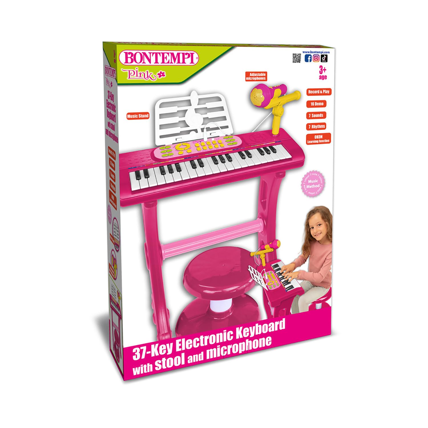 Bontempi | MiniKeyFun - 37 klawiszy, zabawkowa klawiatura dla małych muzyków, z mikrofonem, stołkiem i podstawką, różowa, 54,4 x 32,9 x 15,9 cm