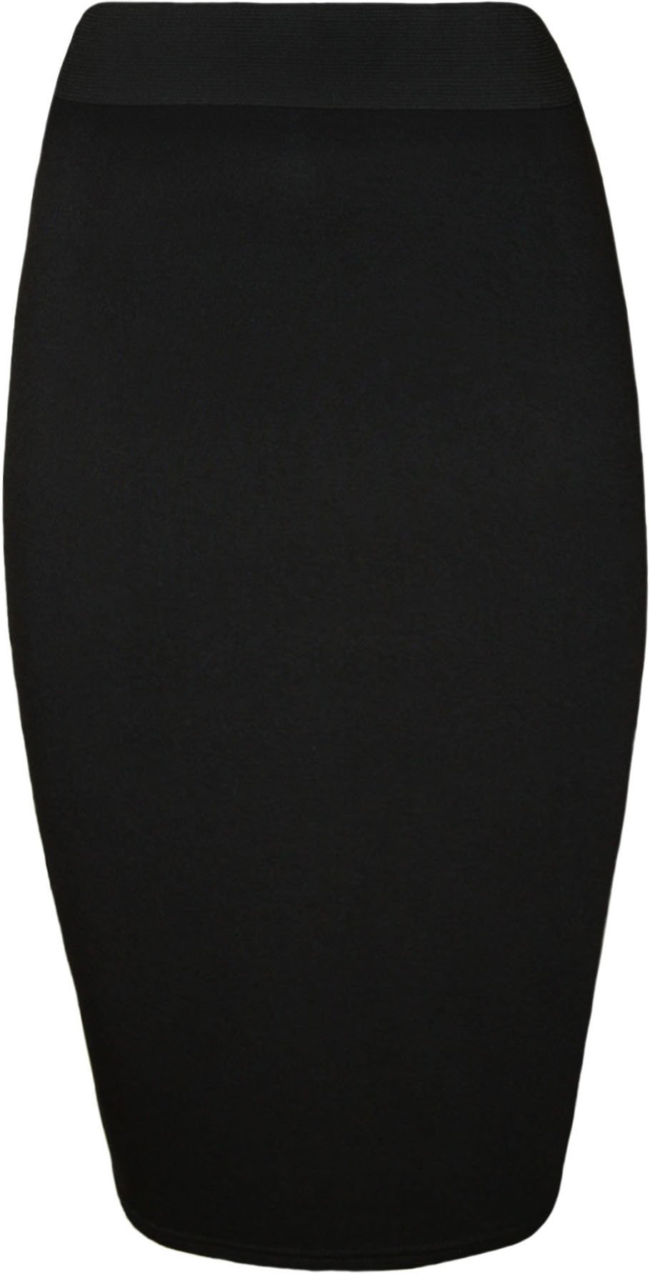 Wearall Women's Black Plain Elastic Waist Bodycon Stretch Pencil Midi Skirt - 8-10