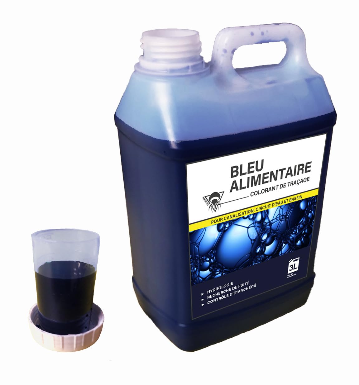 Méduze - Bleu Alimentaire Traceur 3L - Ultra concentré - avec Bouchon doseur - Eau Potable et eaux usées - Professionnel