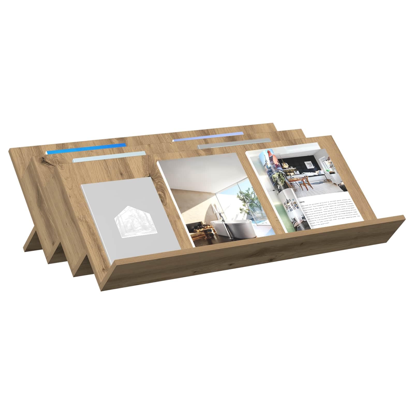 Regał na magazyny Artisan dąb drewnopochodny 90 x 53 x 28,5 cm z 3 półkami na deski, uniwersalny stojak na czasopisma i uchwyt na magazyny do salonu, biura, przedpokoju i kącika do czytania