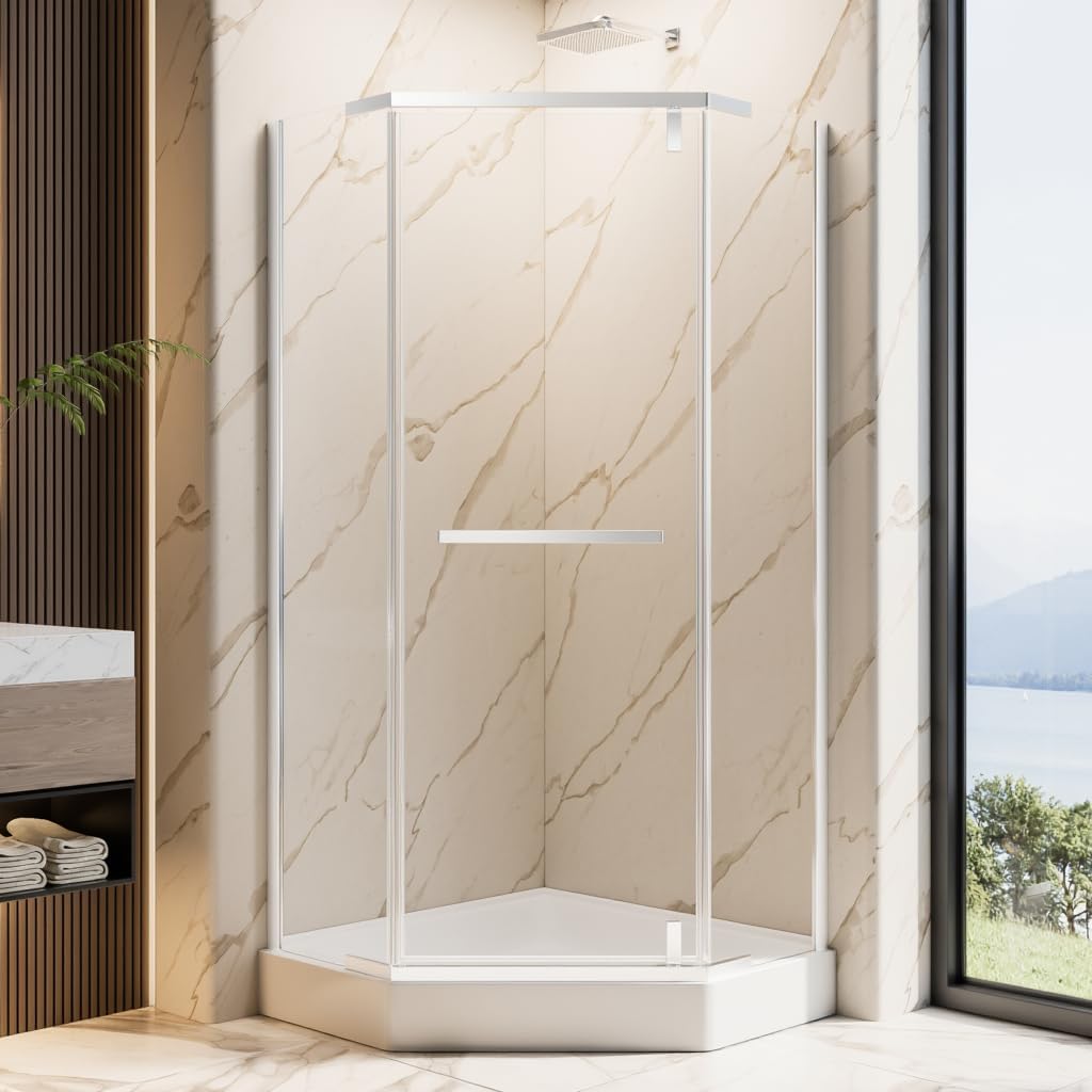 Neo-Angle Shower Door 34" D x 34" W x 72" H for 36-in Shower Pan, 1/4" SGCC Tempered Glass Shower Door with Explosion-Proof Film, Chrome Corner Shower Enclosure, Easy to Clean, Base Not Included