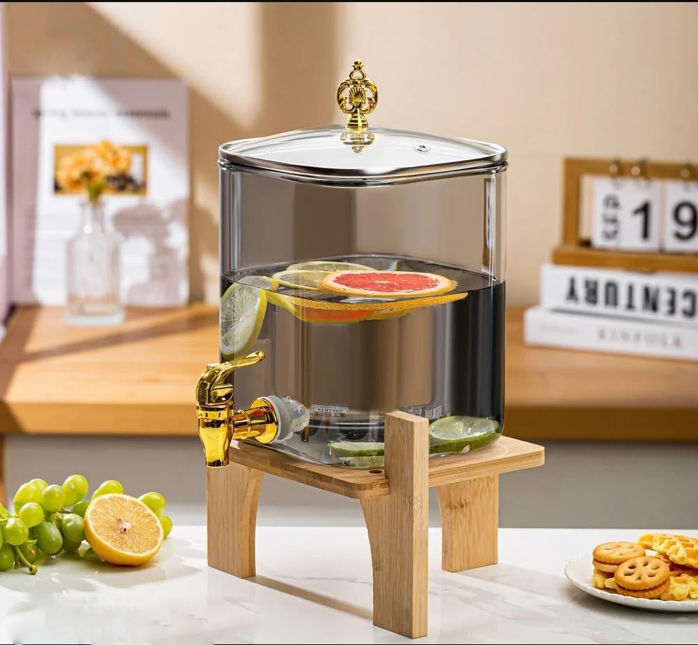 Image of 3 LTR Borosilicate Black Glass Detox Water jug Dispenser with Wooden Stand, Beverage Dispenser for Beer, Water, Cocktails, Detox Drinks & More, Perfect for Parties &,Daily Uses Set of 1