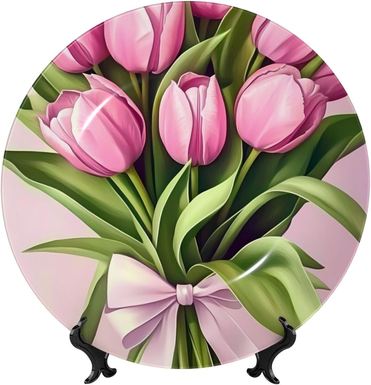 Mother Day Tulips Style Ceramic Plate Display Home Display With Stand Wall Hanging Plate For Home Decor 10 Inch