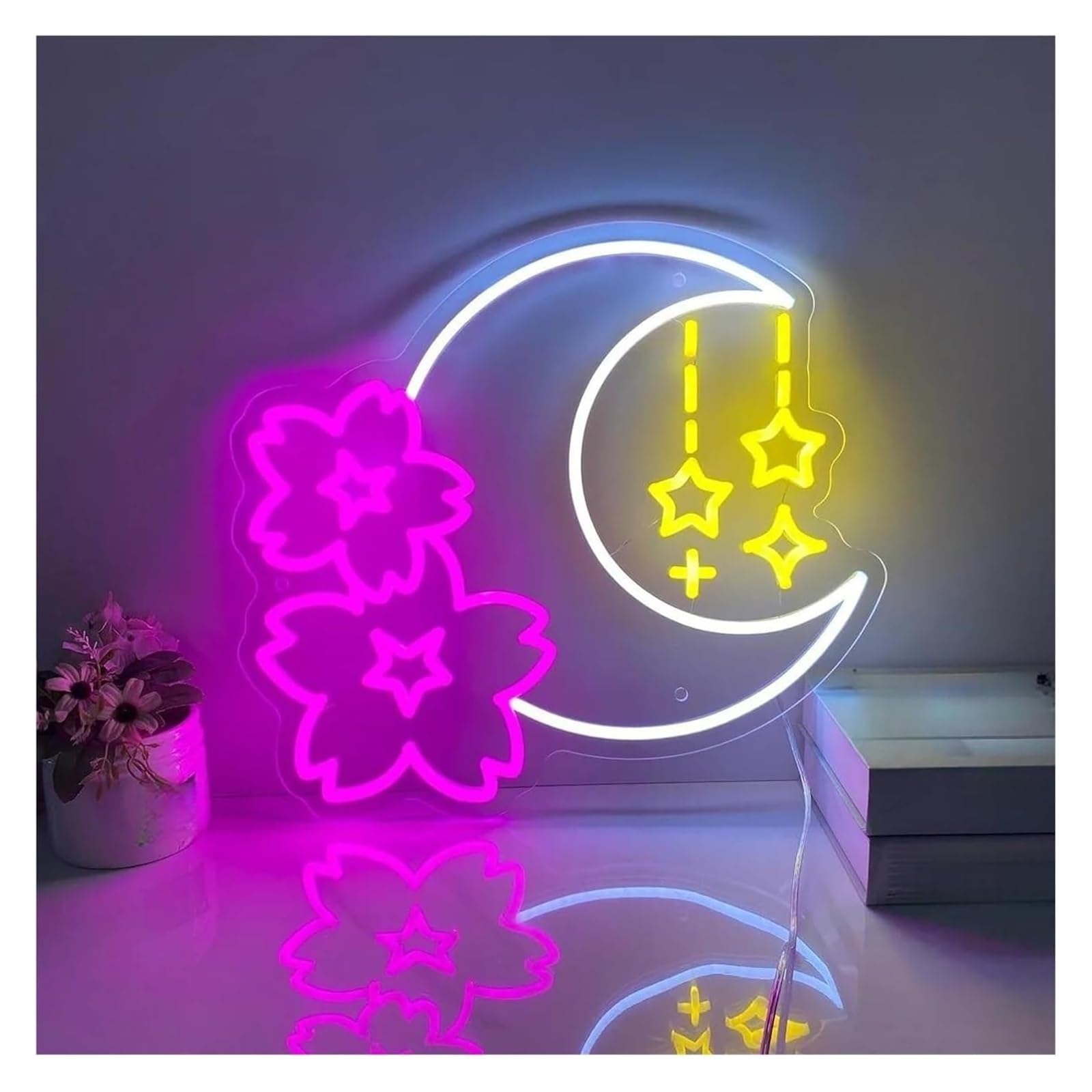 Lámpara de pared con panel neón Sakura y para Luna ambiente relajante, alimentada por paneles luz(F,40cmx40cm)