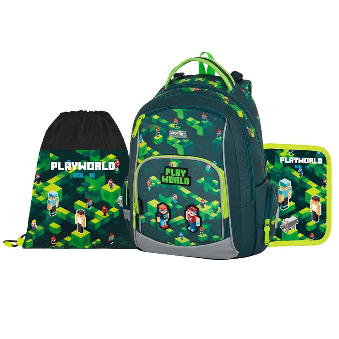 OXY GO - Mochila escolar (3 piezas, para 1 a 3ª clase: mochila ergonómica, estuche y bolsa de gimnasia), con elementos reflectantes para mayor seguridad, ideal para niños, Mundo del juego