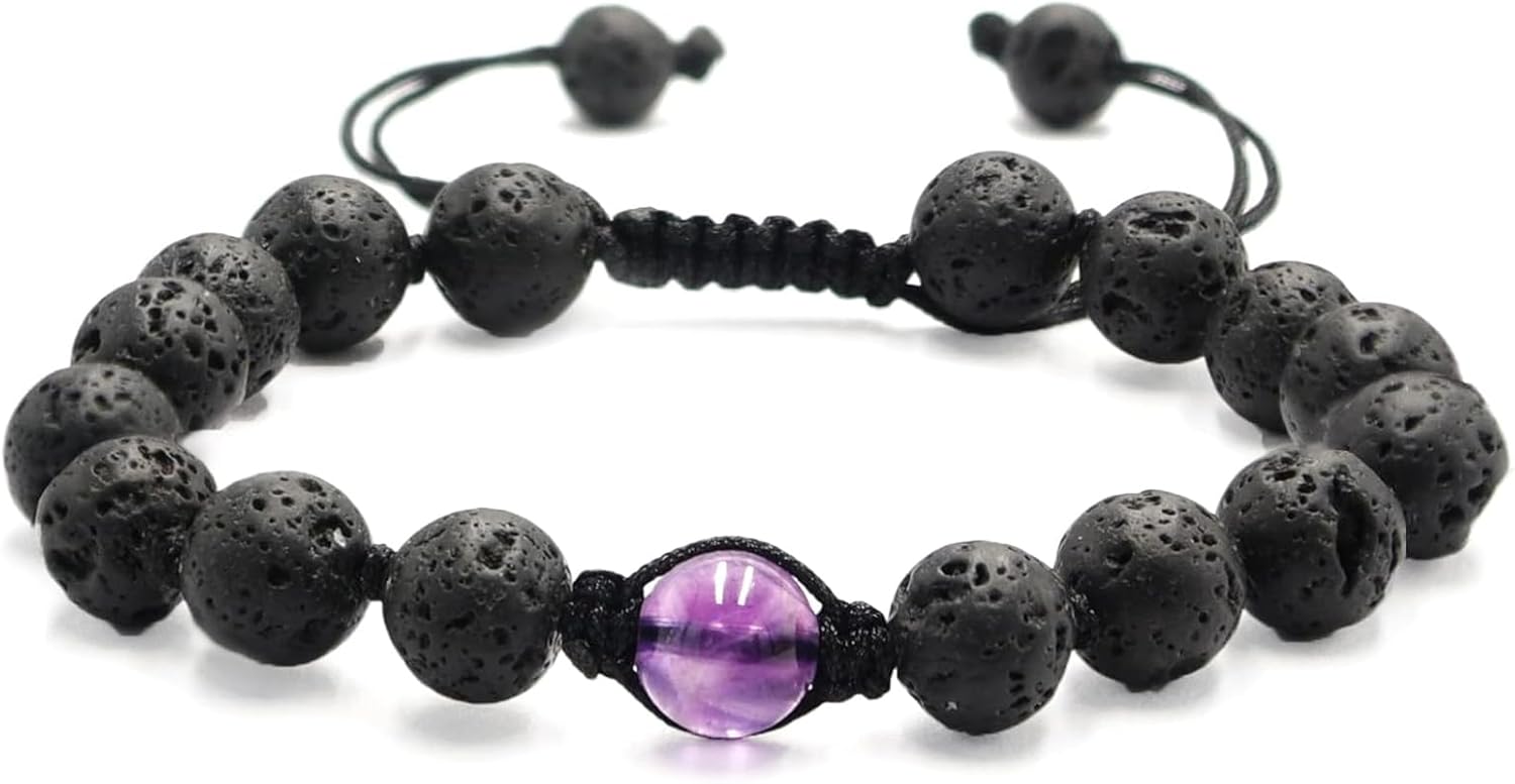 Healing Crystal Amethyst Bracelet for Women, Natural Amethyst Crystal Lava Rock Beads Bracelet, Handmade Lava Stone Essential Oil Diffuser Beaded Bracelets Christmas Birthday Gifts for Her