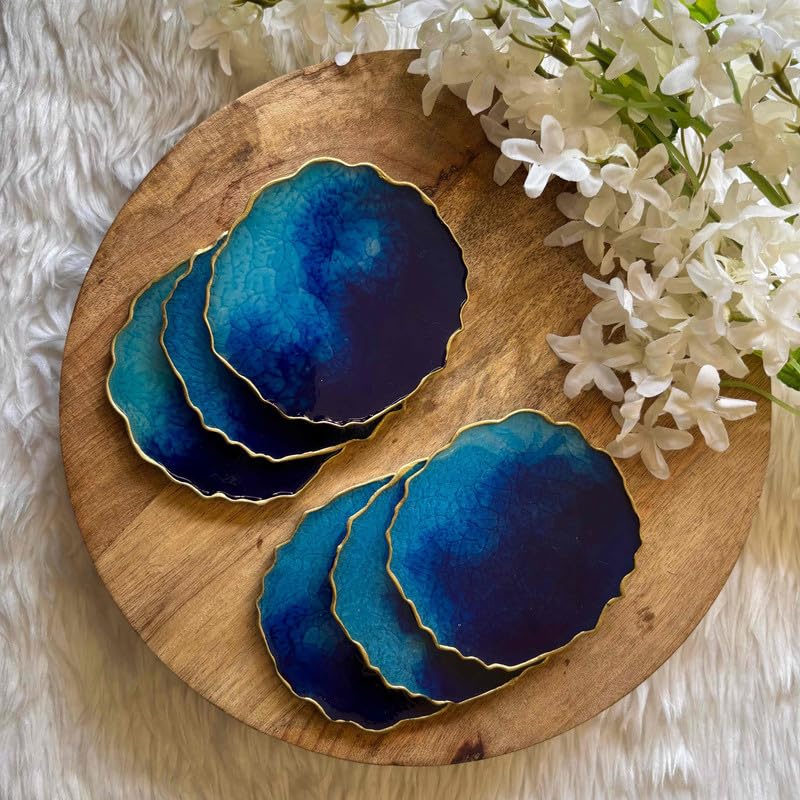 Artlia Handcrafted Geode Coasters for Dining Table Set of 6 (4'' Diameter Ideal for Gifting (Birthdays,Anniversaries,Weddings),Enhancing Home Decor,Gifts,and Special Occasions (Ocean)