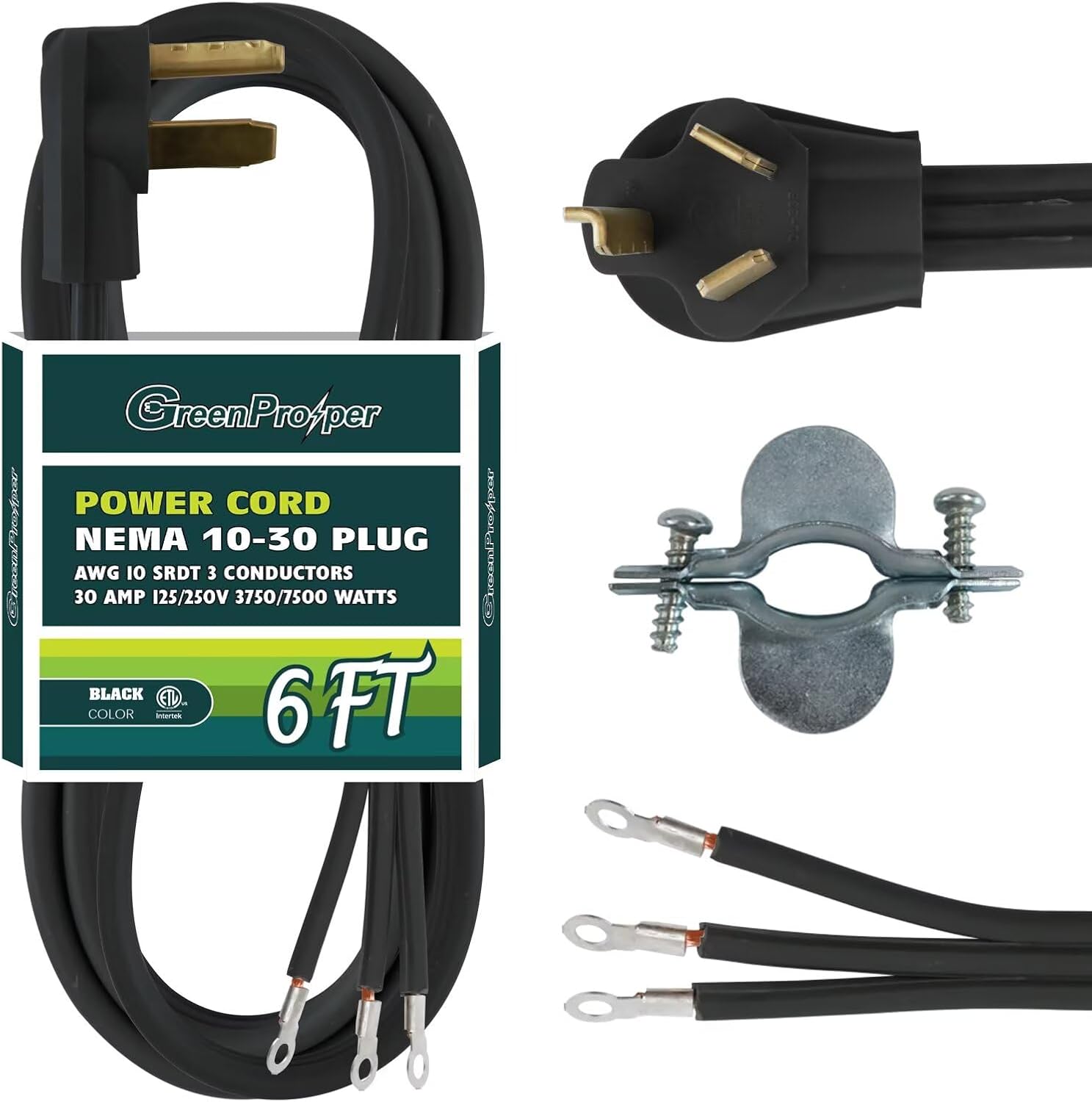 3 Prong Dryer Cord 6 Ft, 30 Amp Dryer Plug 10/3, NEMA 10-30 Appliance Extension Wire, Flat Plug, SRDT, Black