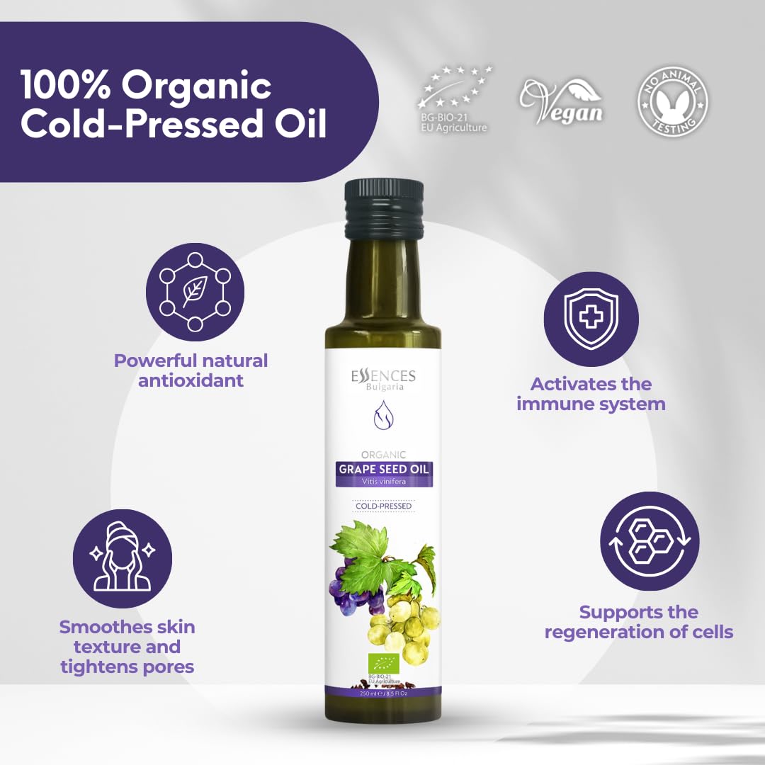 Essences Bulgaria Huile de Pépins de Raisin Bio 250 ml | Huile Pressée à Froid 100% Naturelle | Qualité Extra Premium | Excellent Goût | Sauces | Salades | Sans Additifs ni Conservateurs | Non-OGM