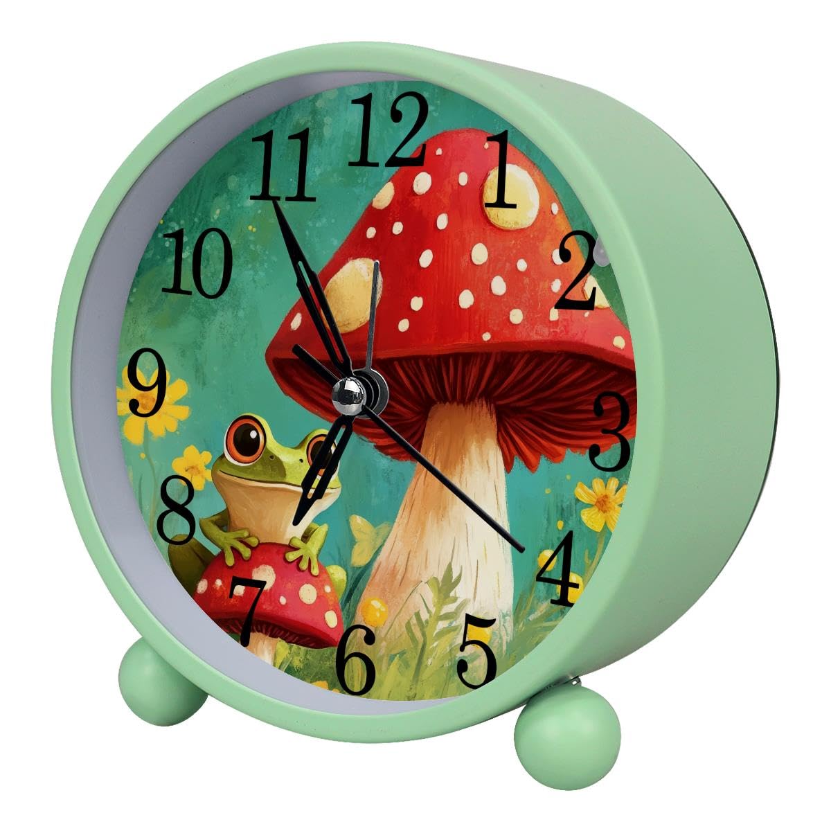 Luoweisi Alarm Clock Frog Mushroom, Silent Non-Ticking with Night Light, Round Metal Alarm Clock for Office, Battery Operated, Bedroom, Elderly, Adults, Children, Student Gifts