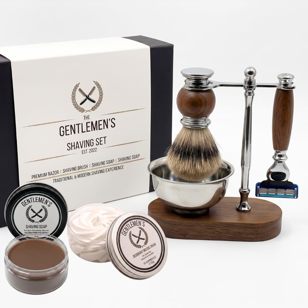 Rasierset Für Manner - Sicherheitsrasierer, Ständer, Schale, Rasierseife, Deo Mouse Creme, Echthaar Rasierpinsel, Geschenkbox Herren - Geschenke Für Männer