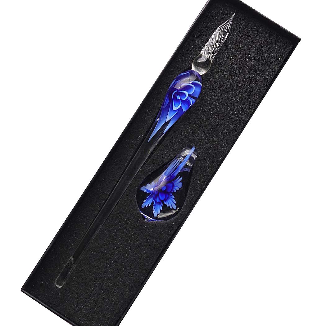 SIPLIV Handmade Crystal Glass Intarsia Dip Pen Fountain Pen Kit Vintage Calligraphy Signatures Pen with A Pen Holder, Dark Blue
