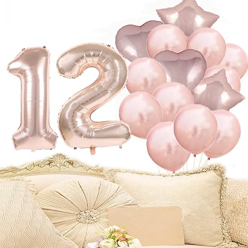 Miniatura 6 de ZSNWGZ Decoraciones de cumpleaños número 12, suministros para fiestas, globos de oro rosa con el número 12, globos de aluminio de Mylar de 12 para