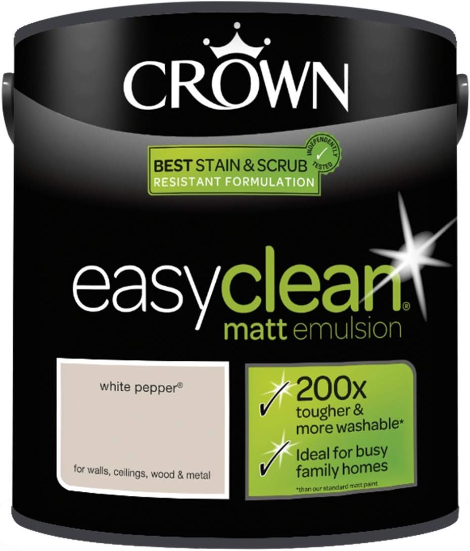 2.5L CROWN Easy Clean MATT Emulsion Multi Surface Paint That can be Used on Walls, Ceilings, Wood and Metal. Stain & Scrub Resistant Formula – White Pepper