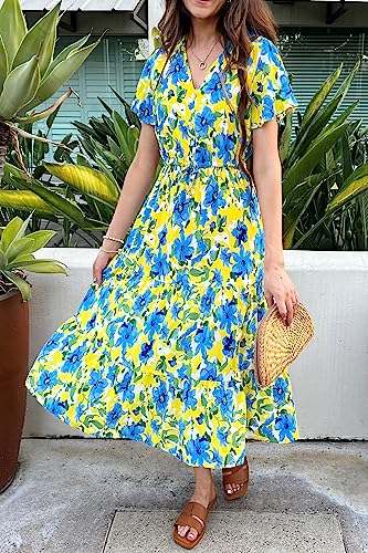 PRETTYGARDEN Summer Floral Dress for Women 2025 Casual Boho Short Sleeve Maxi Dresses V Neck Tiered Flowy Beach Sundress