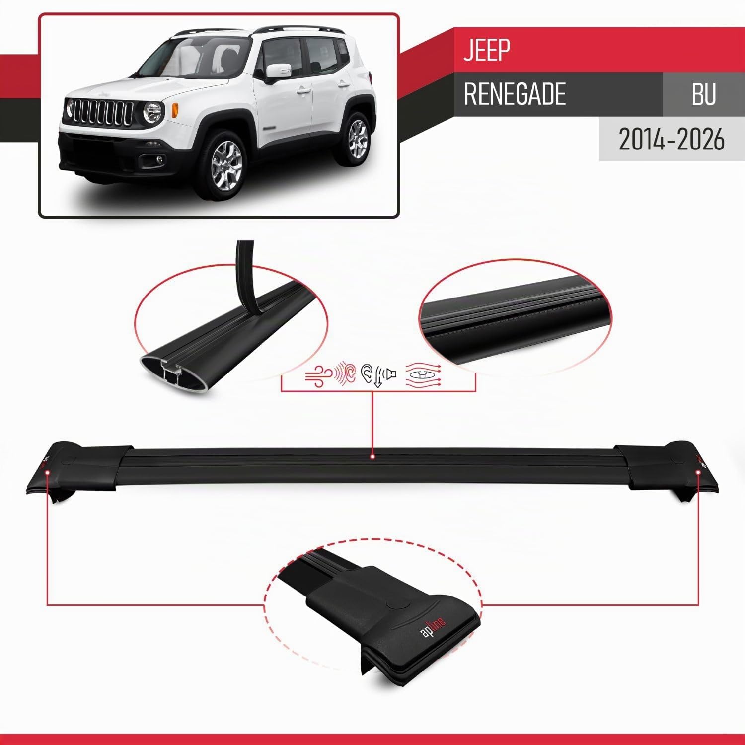 RE&AR Tuning Compatibile con Jeep Renegade (BU) 2014-2025 FLY Model Barre Tetto Portapacchi Auto Barre Portatutto Nero Alluminio 2 Barre
