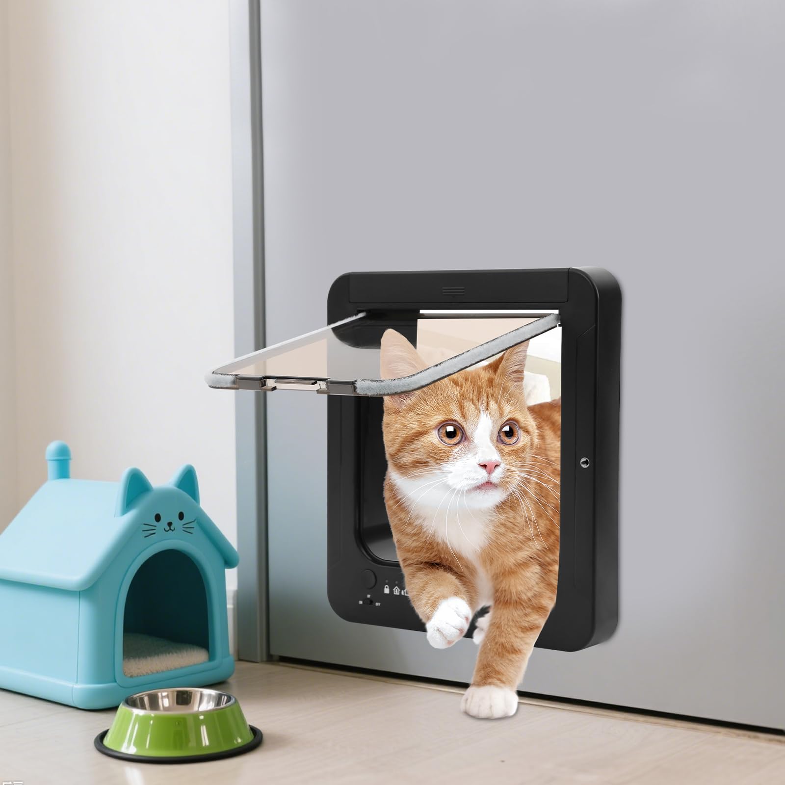 Mikrochip Haustierklappe mit RFID-Halsbandanhänger, 4-Wege Katzentür zur Installation in Türen, MIT Fernbedienung, für Katzen und kleine Hunde (Schwarz)