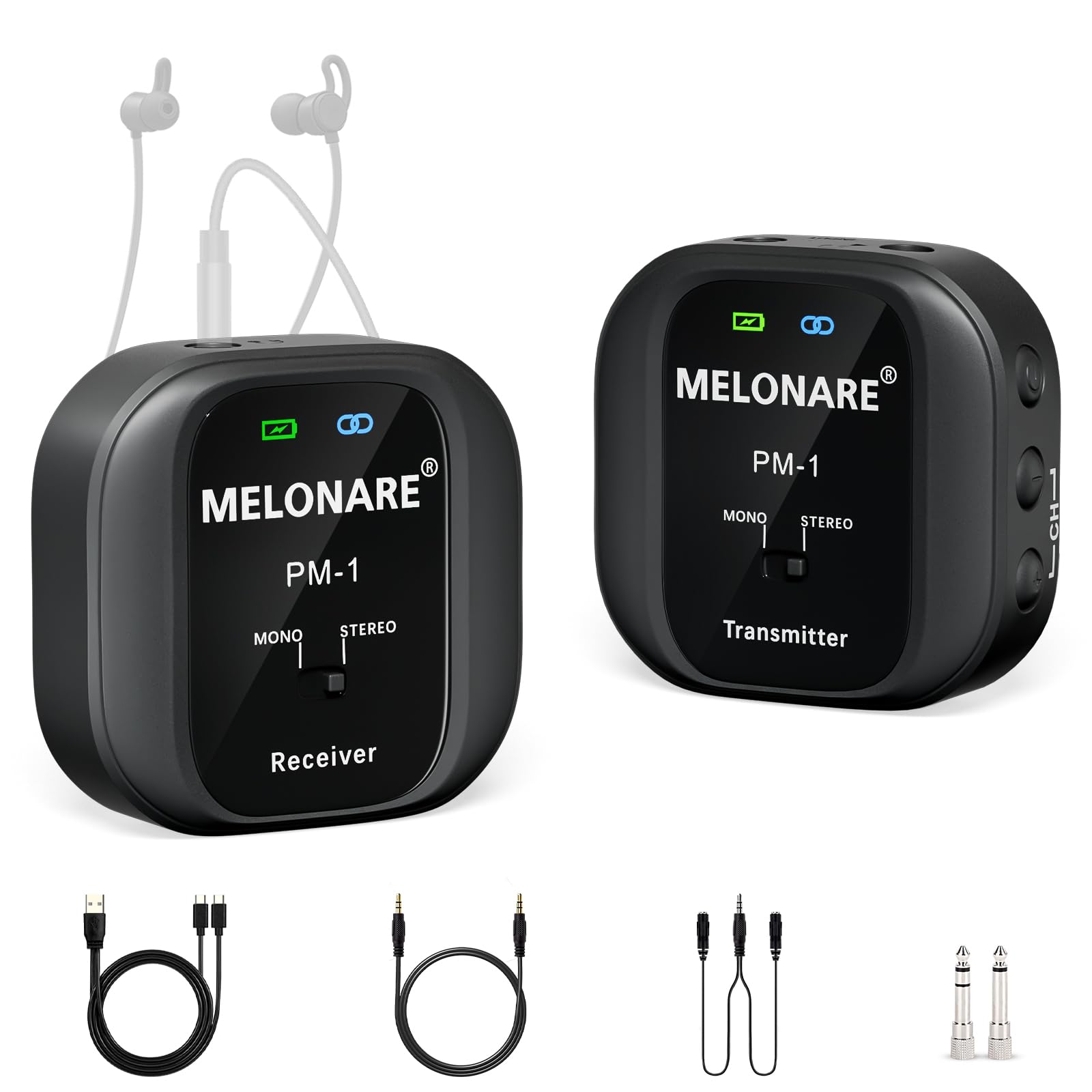 Melonare PM-1 - Sistema di monitoraggio in-ear wireless UHF 500 MHz, audio HD, trasmettitore e ricevitore Beltpack, 10 canali, mono/stereo, IEM per esibizioni dal vivo
