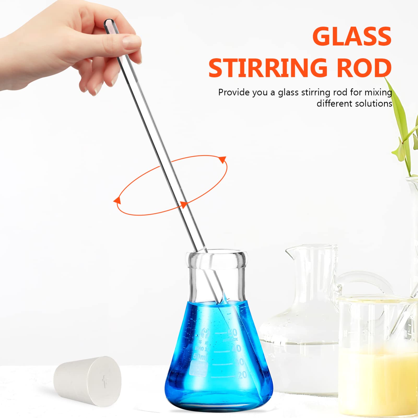 Set Beuta di Erlenmeyer in Vetro 50 Ml con Pipette | Scala Standard, Pipette Contagocce da 10 Ml, con Spazzola per Pulizia e Bacchette per Mescolare