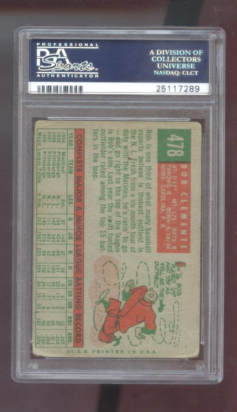 1959 Topps #478 Bob Clemente Roberto Clemente PSA 2 Graded Baseball Card MLB Pittsburgh Pirates