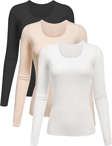 YYA Camisas básicas de manga larga de 3 piezas para mujer, térmicas, cálidas, cuello redondo, elásticas, ajustadas, camiseta de capa S-XL