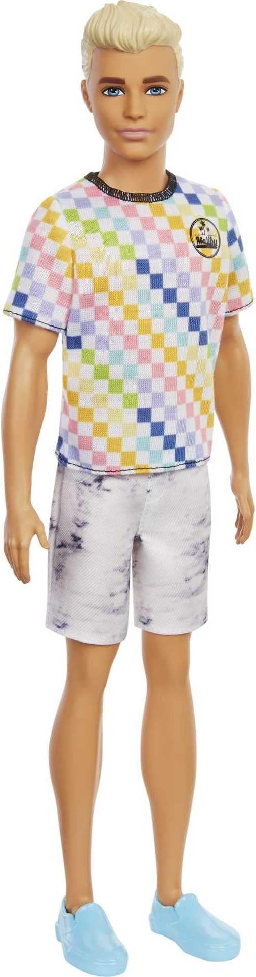 Ken Fashionistas Doll 174 with Sculpted Blonde Hair and Checkered Shirt, Toy for Kids 3 to 8 Years Old GRB90, Multi colour