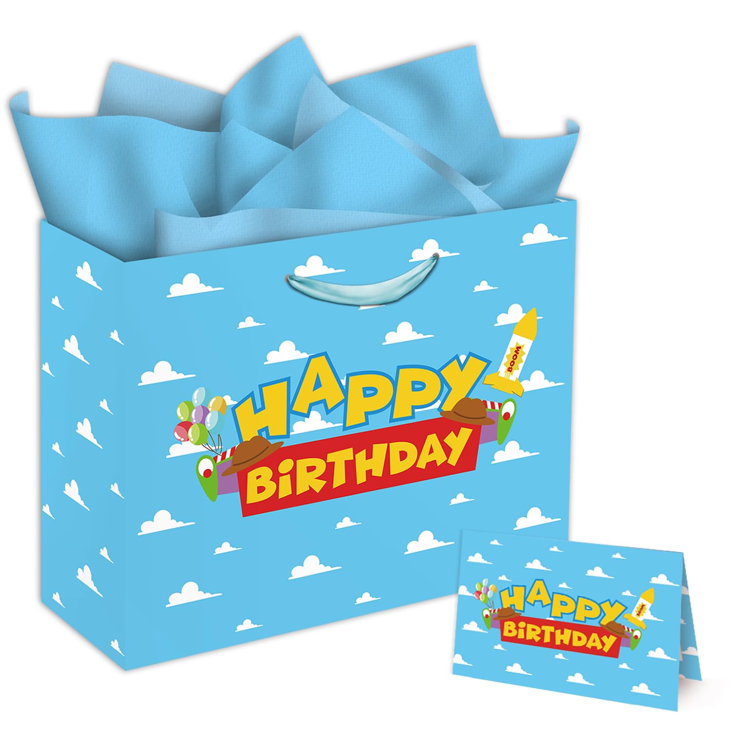 13" Large Cartoon Story Party Supplies Gift Bag Set with Greeting Card and Tissue Paper, Gift Bag for Birthday Party，Blue Sky White Clouds Toy Theme