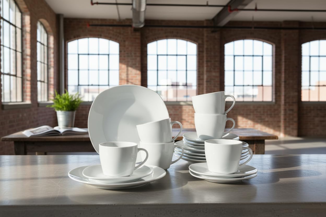 Retsch Arzberg/Geschirr Kaffeeservice FINO/Set 18teilig für 6 Personen/Porzellan eckig uni weiß/Basic-Geschirr