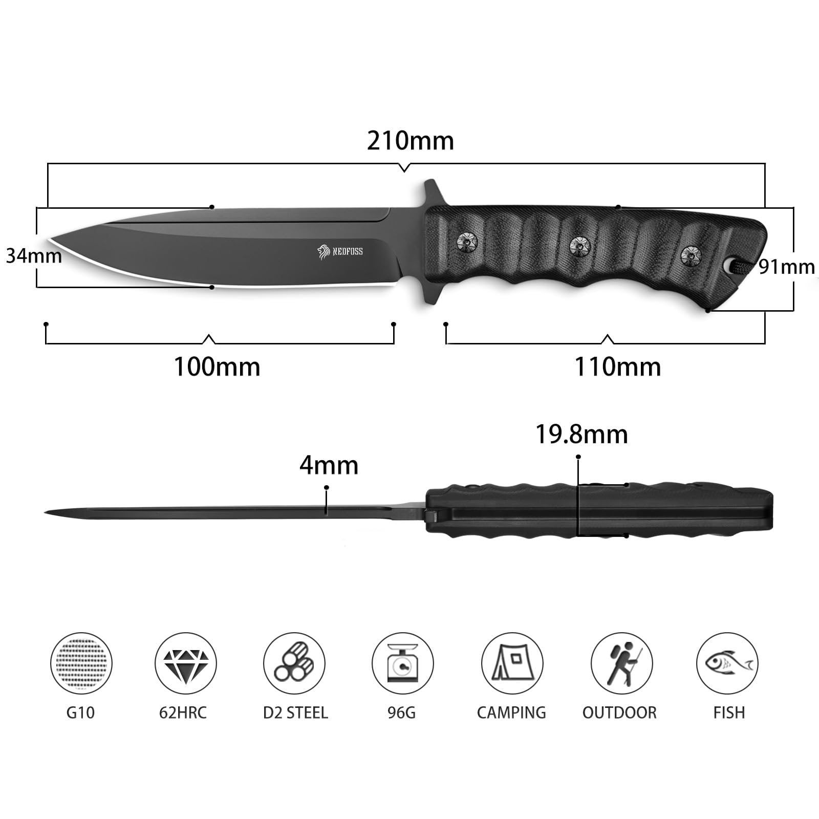 NedFoss BLACK PHOENIX Jagdmesser 42a Konform, 8.5cm D2 Stahl Full Tang Survival Messer mit Verstellbarer Clip & G10 Griff, Outdoor Messer mit Kydexscheide, Legales EDC Feststehendes Messer