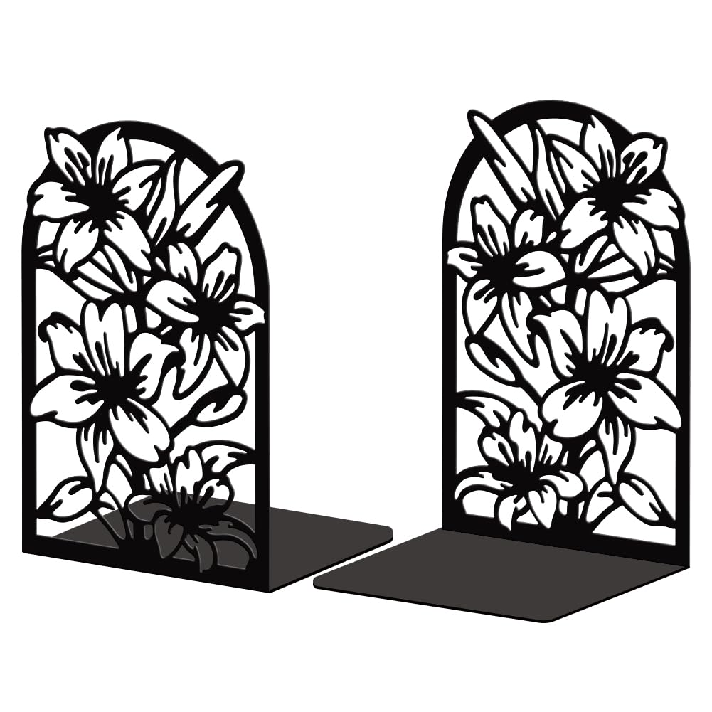 Peacoblue Serre Livre Original Metal Noir, Serre-Livres Fleur De Lys Design Moderne Serré Livre Decoratif Bureau pour Bureau, Cuisine, Étagère et Bibliothèque, 1 Paire | 5.3"x4.3"x7.9", Support Livres Stable, Design Original, Cale Livre, Pour Chambre, Bib