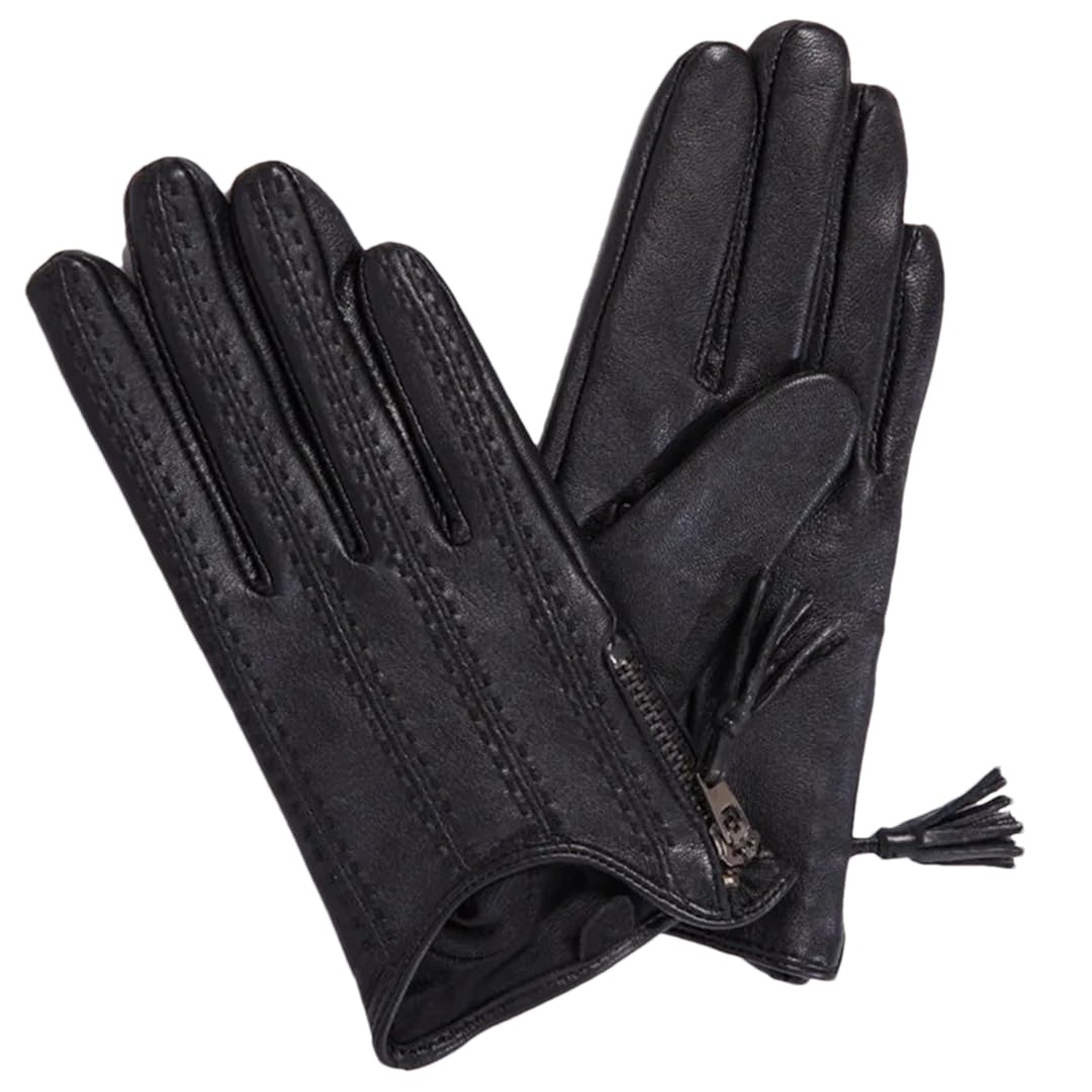 Guantes de conducción con flecos de poliuretano para mujer, estilo corto, con cremallera, para otoño e invierno, con forro de terciopelo, color negro, talla S, Beige y blanco., S