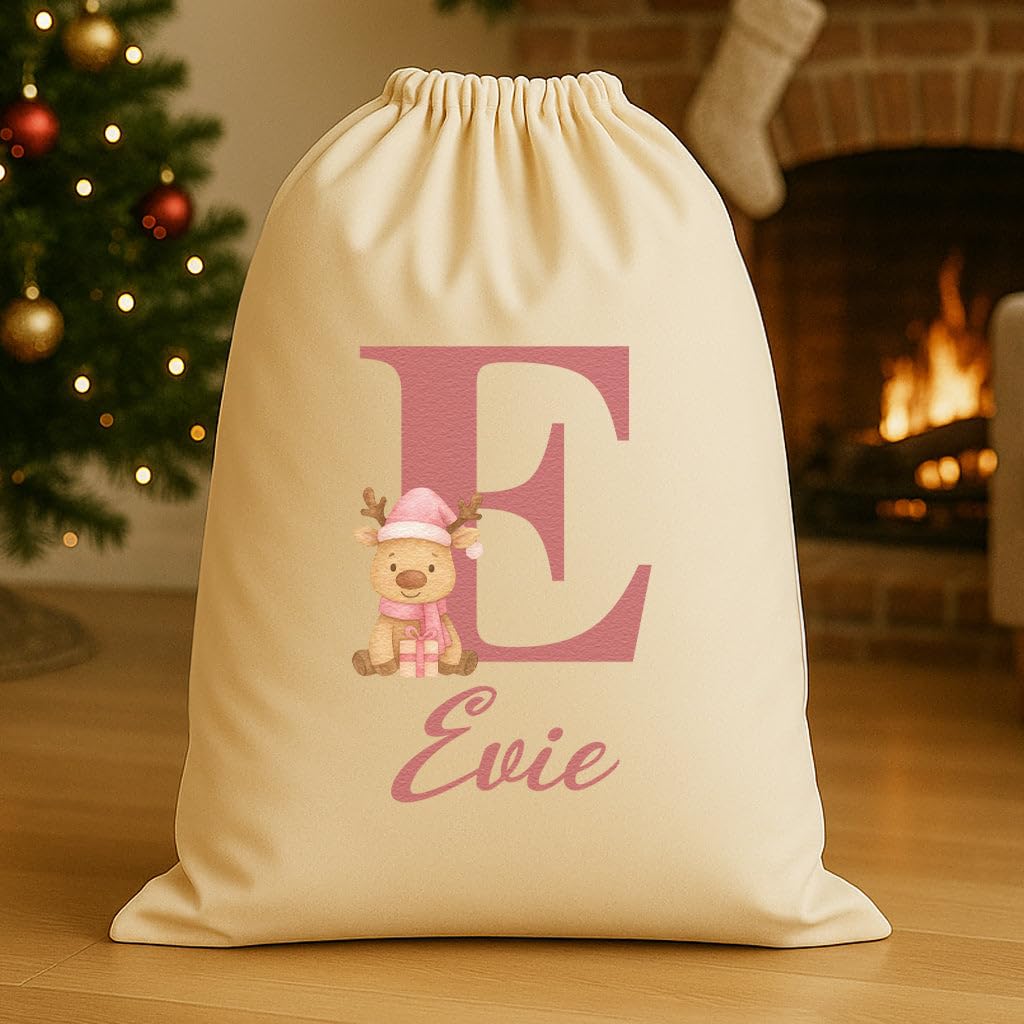 The Gift Project Biege Personalised Christmas Reindeer Pink Initial And Name - Christmas Santa Sack