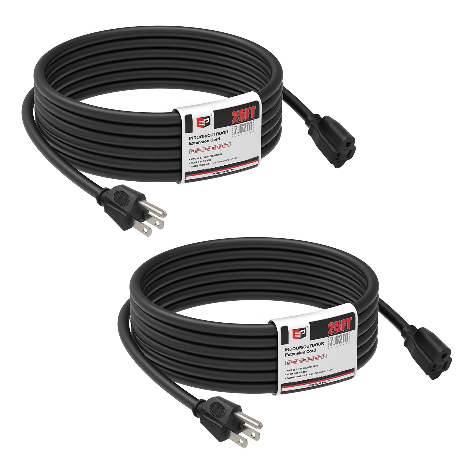 EP 25FT Outdoor Extension Cord, 16/3 SJTW Heavy Duty Black 2PK, ETL Listed