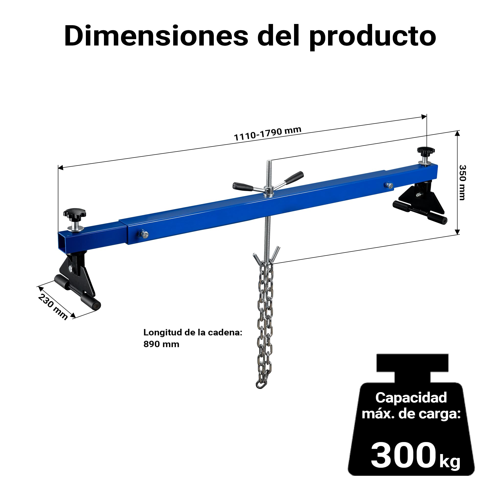 WilTec Puente Elevador de Motor hasta 300 kg viga de elevación en Acero travesaño de Guardabarros con pie de Goma para reparación Motor de Coche Soporte Elevador Levantador de Motor